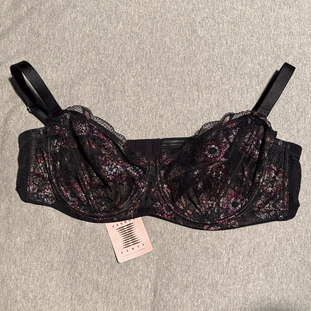 Savage X Fenty Black and Pink/Orange Lace Bra